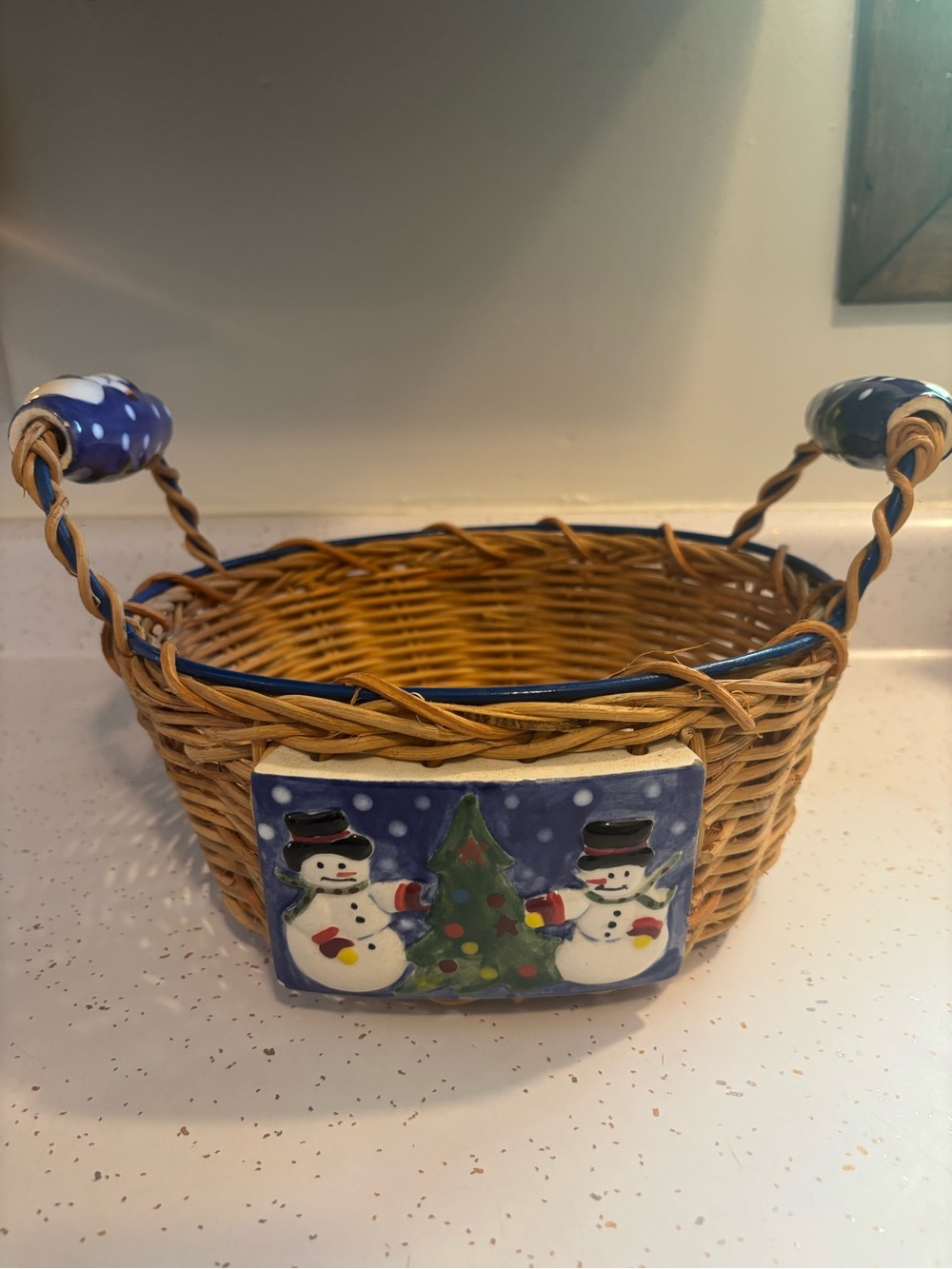 Vintage Snowman Wicker Basket Hand Painted Ceramic Christmas Decor 10”